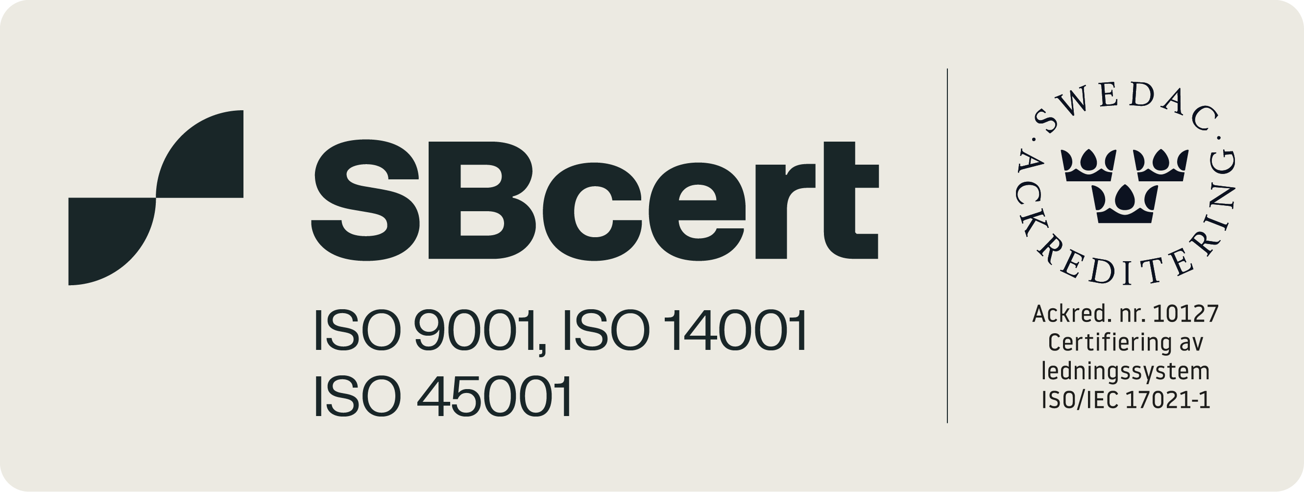 Skandinavisk företagscertifiering, ISO 9001, ISO 14001, ISO 45001 från Swedac