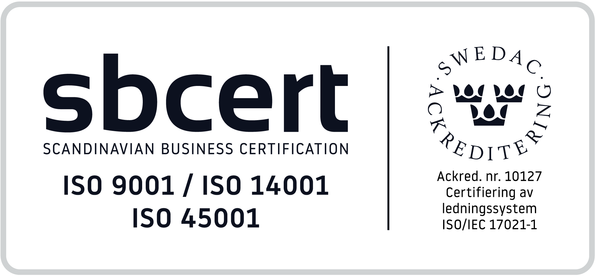 Scandinavian business certification, ISO 9001, ISO 14001, ISO 45001 från Swedac